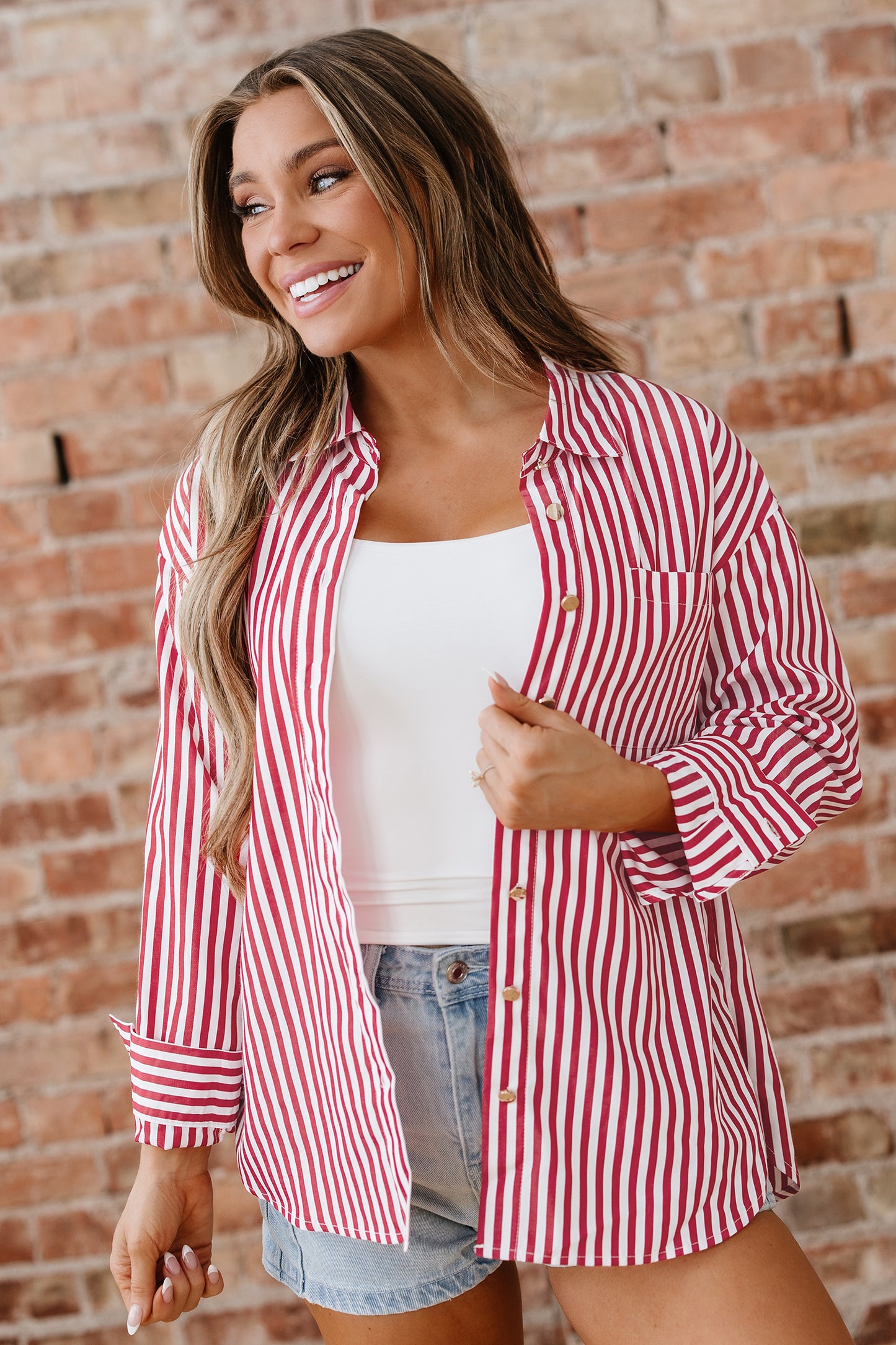 Red Stripe Patched Pocket Side Slit Loose Shirt