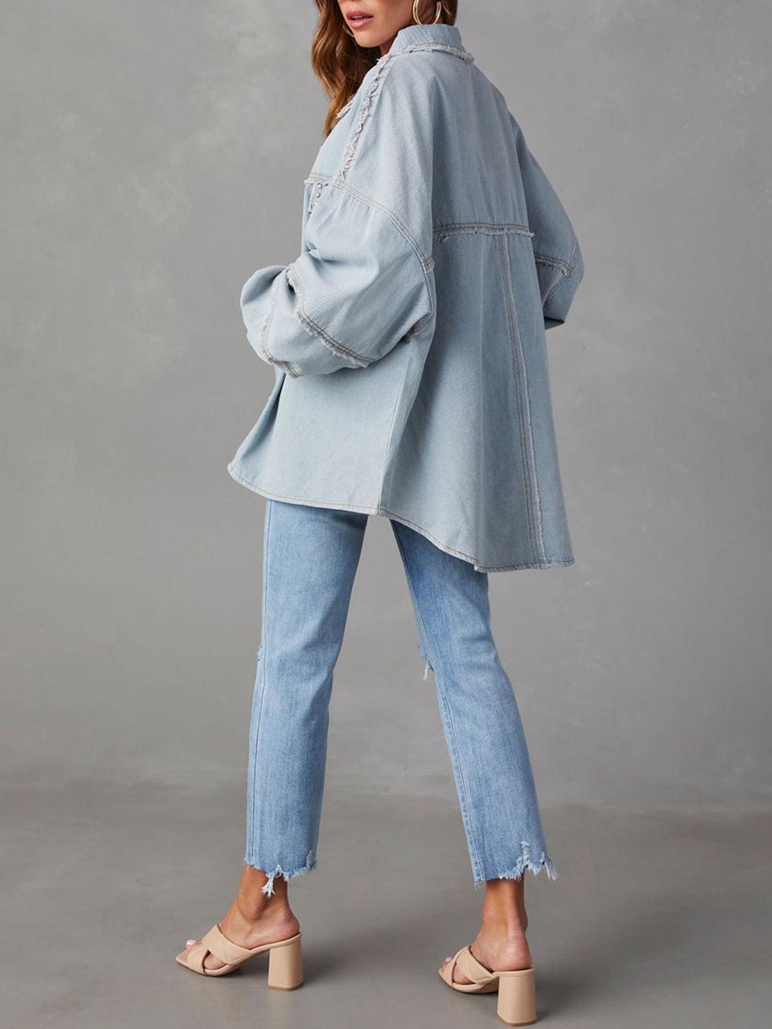 Button Down Raw Hem Denim Jacket Carauana Store
