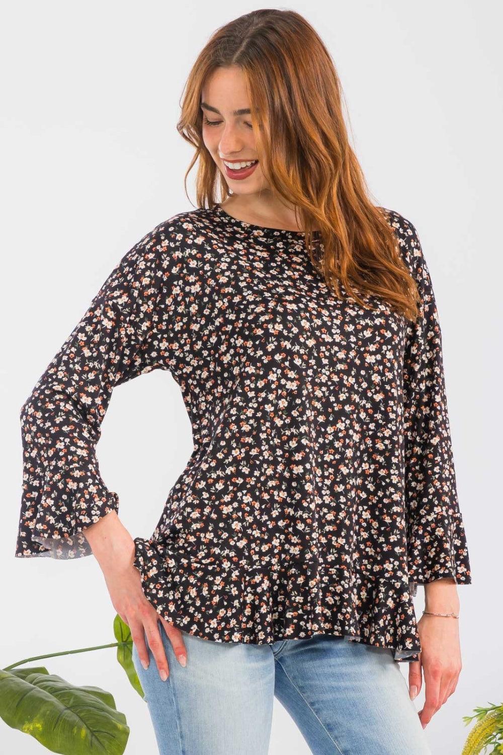 Celeste Full Size Floral Ruffle Detail Top Carauana Store