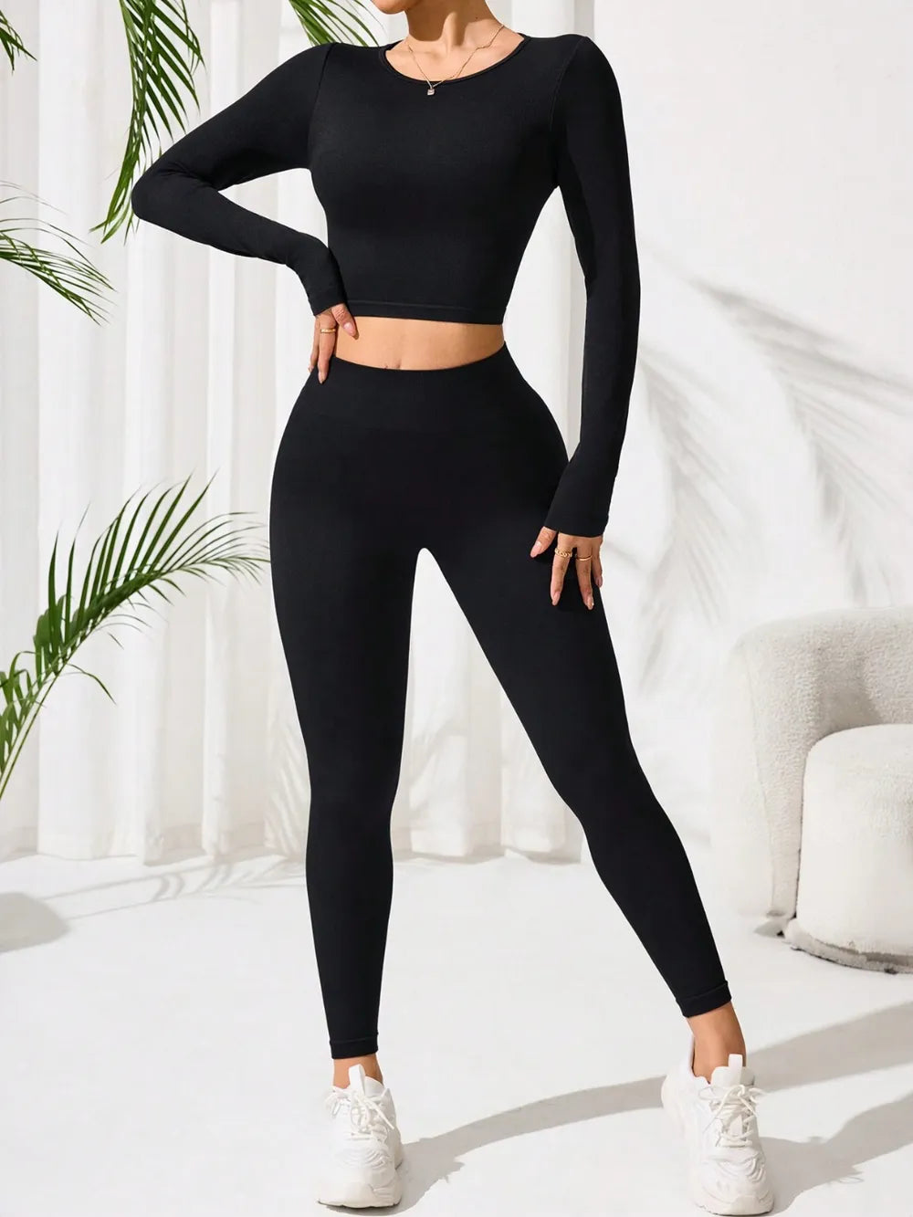 Lace-Up Back Round Neck Top and Leggings Active Set Carauana Store