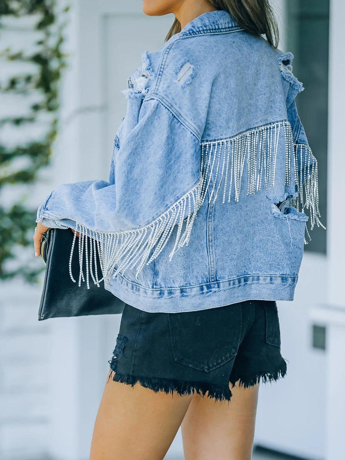 Distressed Fringe Denim Jacket Carauana Store