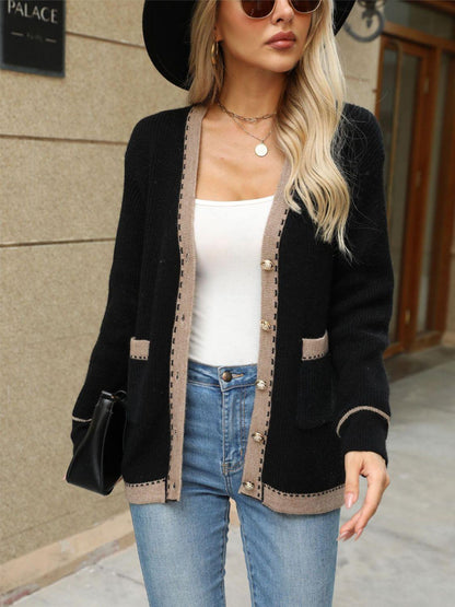 Contrast Trim Button Up Long Sleeve Cardigan Carauana Store