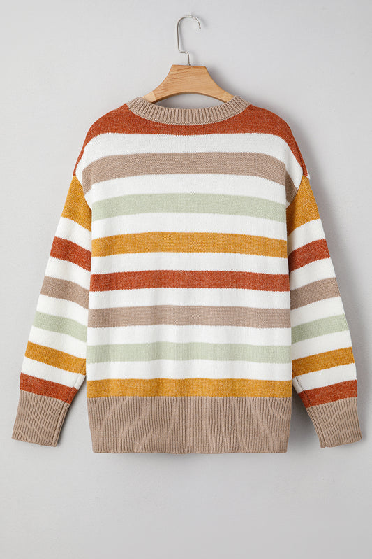 Multicolour Striped Colorblock Drop Shoulder Plus Size Sweater