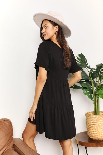 Double Take V-Neck Flounce Sleeve Tiered Dress Carauana Store