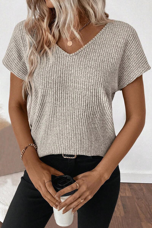Gray Morn Ribbed Short Sleeve V Neck Colorblock Bow Back Top