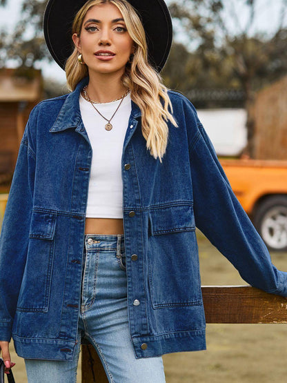 Dropped Shoulder Denim Jacket with Pockets Carauana Store