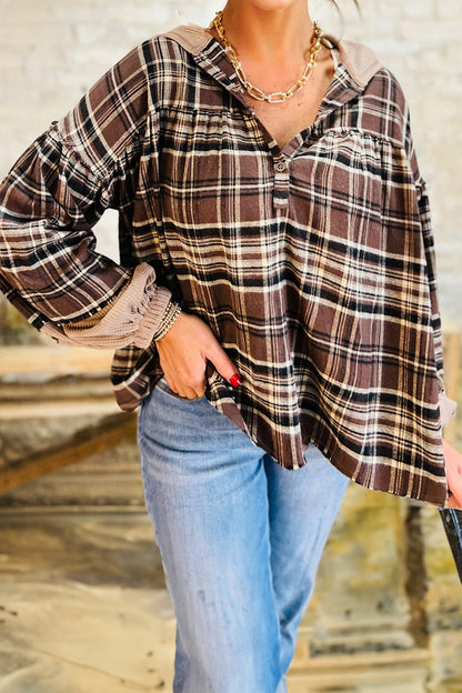 Brown Plaid Patchwork Long Sleeve Button Hooded Blouse