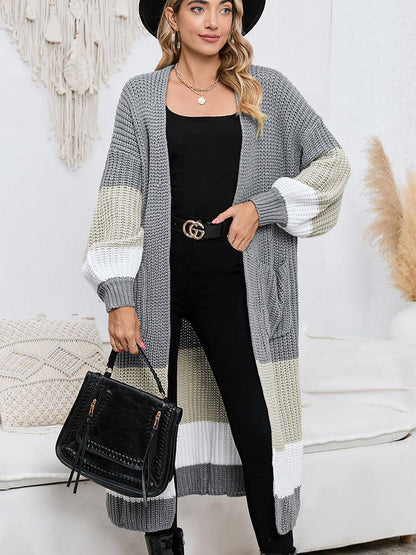 Color Block Long Sleeve Pocketed Cardigan Carauana Store