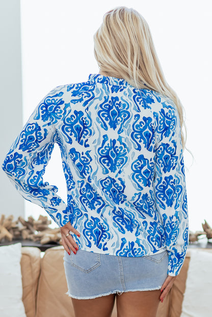 Sky Blue Ethnic Printed Tie Split Neck Button Front Puff Sleeve Shirt