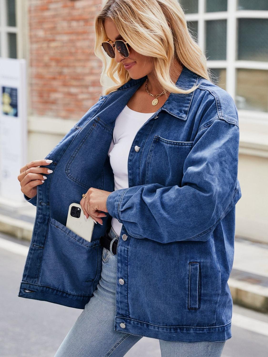 Button Up Denim Jacket with Pockets Carauana Store