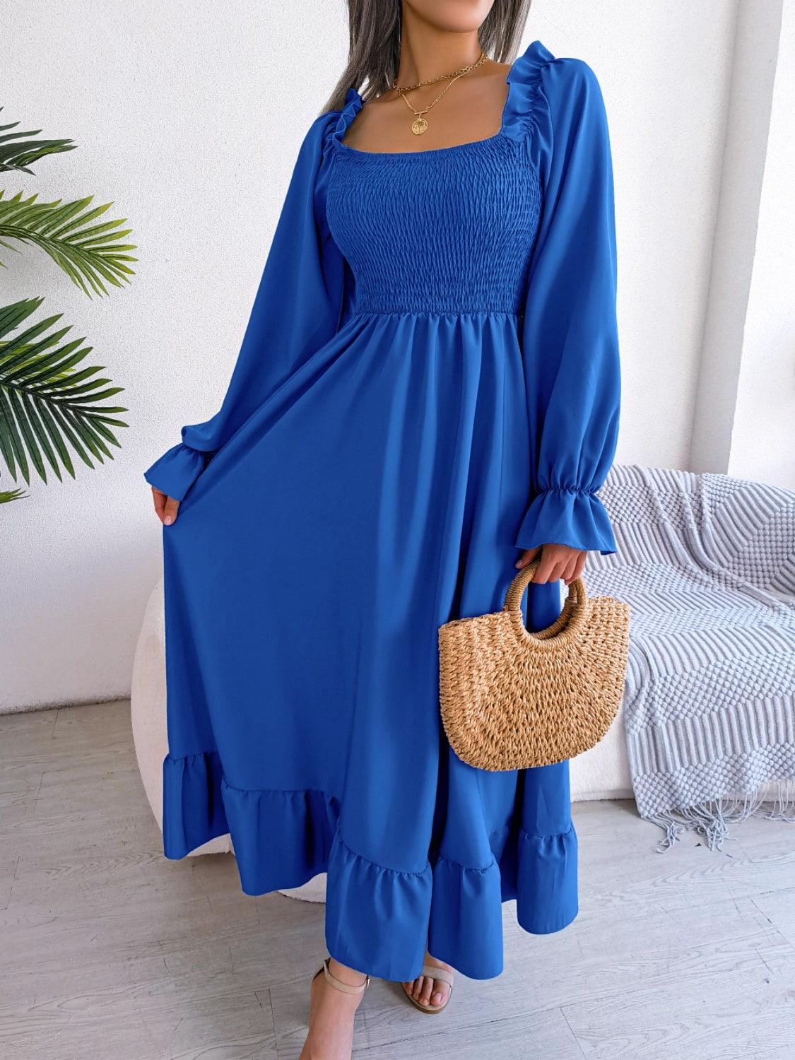 Smocked Square Neck Flounce Sleeve Dress Carauana Store