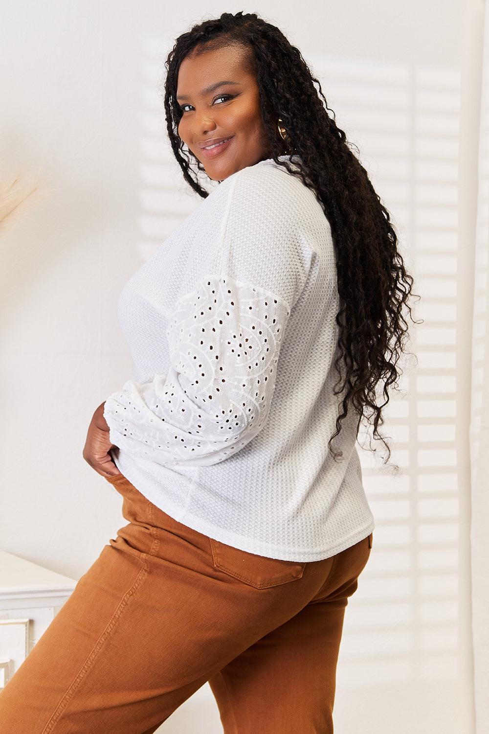 Shiny Eyelet Dropped Shoulder Round Neck Blouse Carauana Store