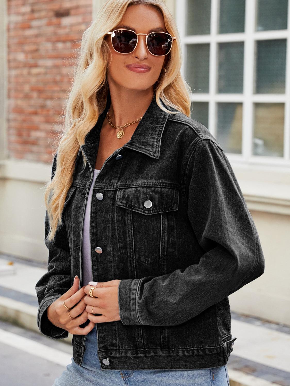 Pocketed Collared Neck Denim Jacket Carauana Store