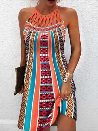 Printed Grecian Neck Mini Dress Carauana Store