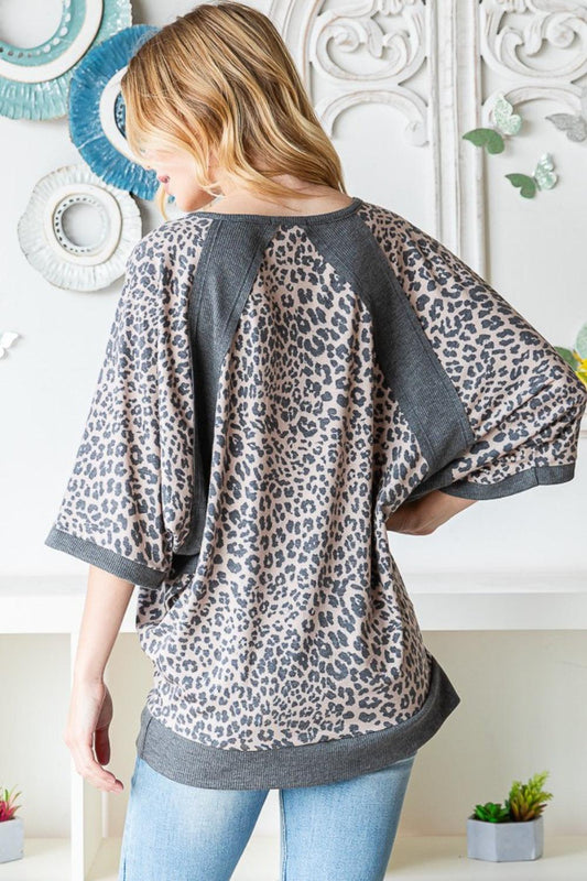 Heimish Full Size Leopard Contrast V-Neck Half Sleeve T-Shirt Carauana Store