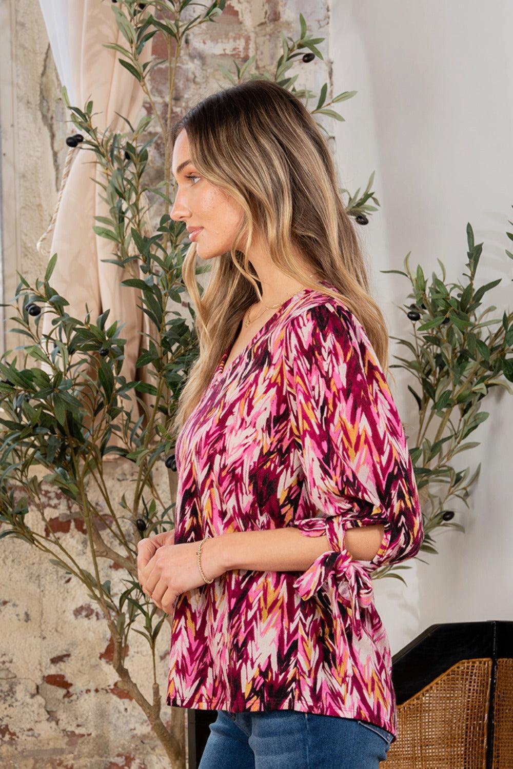 Sew In Love Full Size Printed V-Neck Blouse with Sleeve Knot Carauana Store