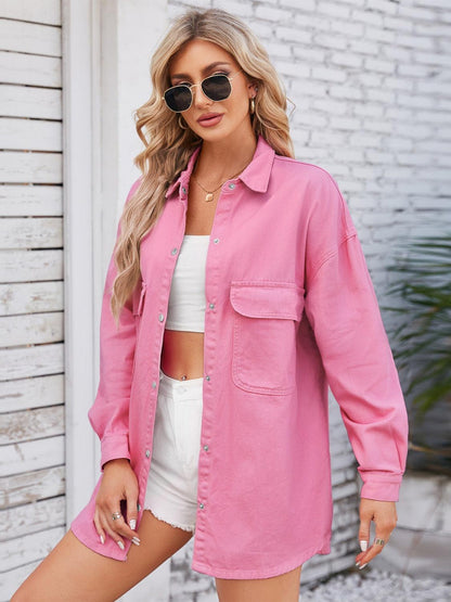 Pocketed Snap Down Dropped Shoulder Denim Shacket Carauana Store