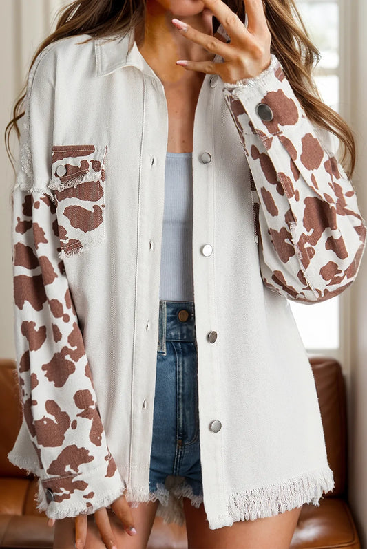 Raw Hem Animal Print Long Sleeve Denim Jacket Carauana Store