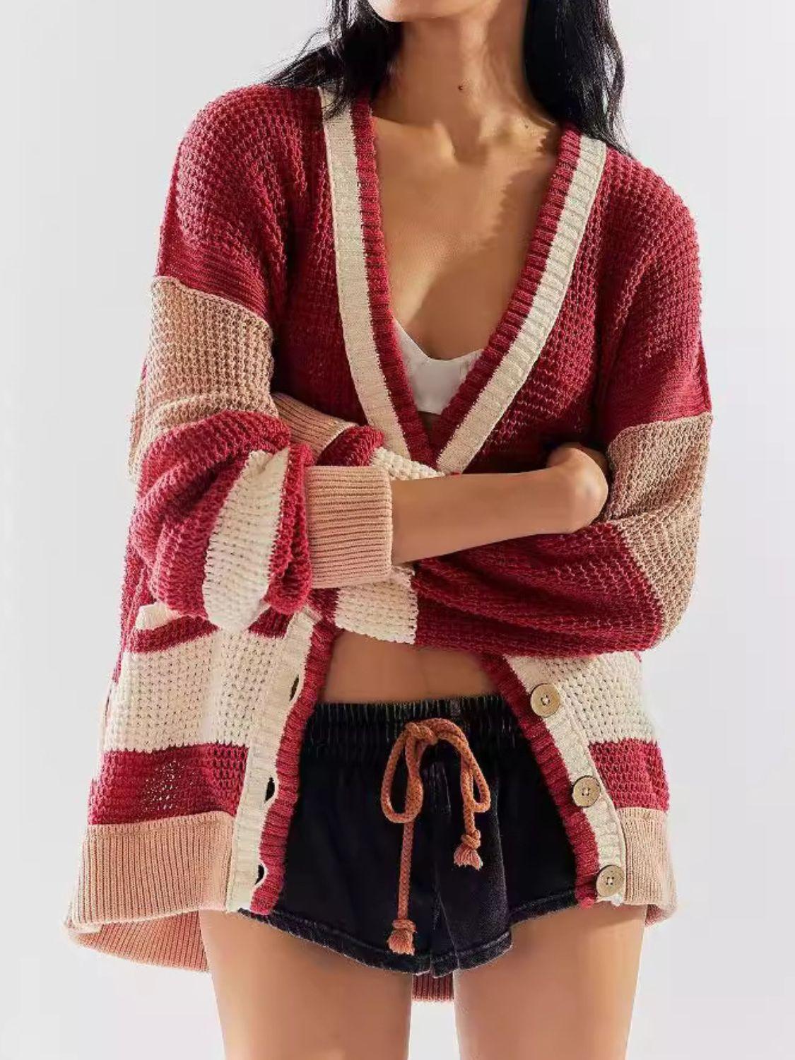 Pocketed Contrast V-Neck Long Sleeve Cardigan Carauana Store