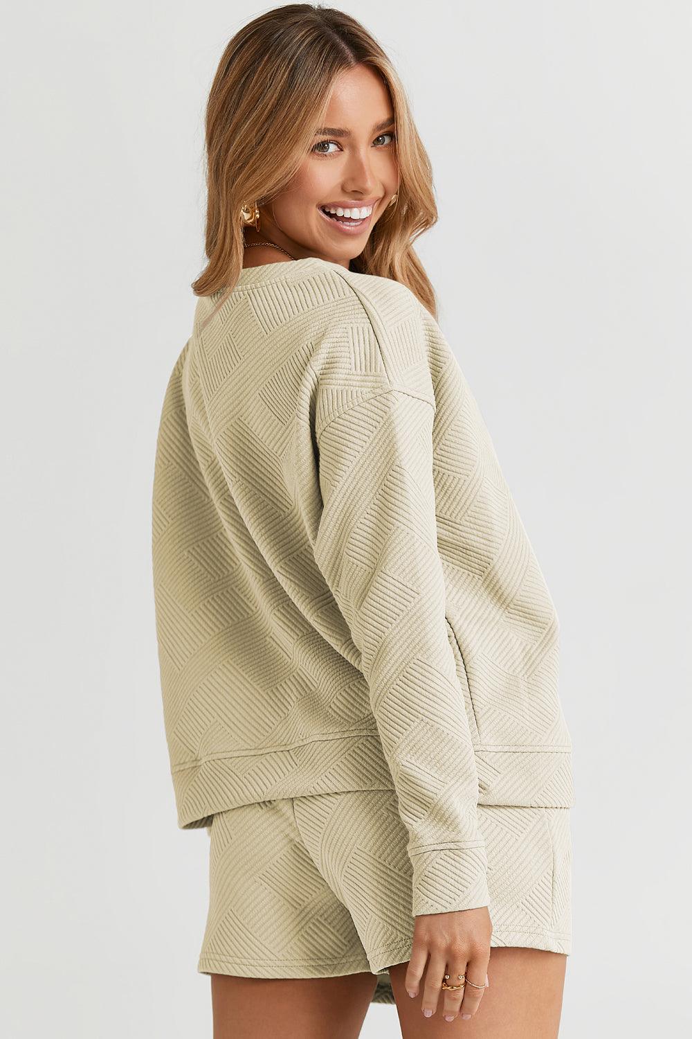 Double Take Full Size Texture Long Sleeve Top and Drawstring Shorts Set Carauana Store