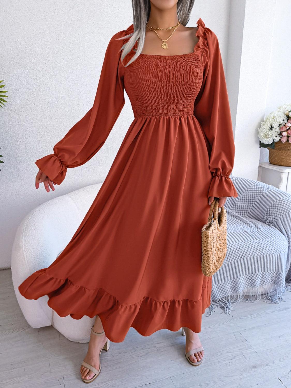 Smocked Square Neck Flounce Sleeve Dress Carauana Store