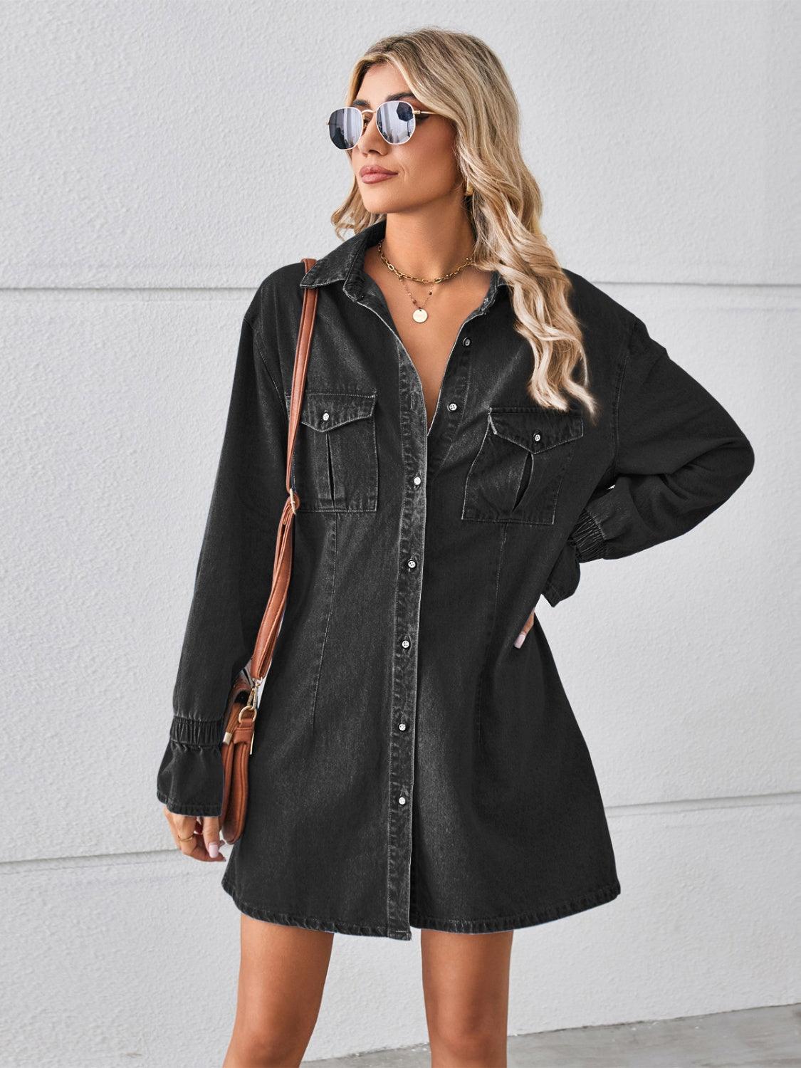 Pocketed Dropped Shoulder Mini Denim Dress Carauana Store