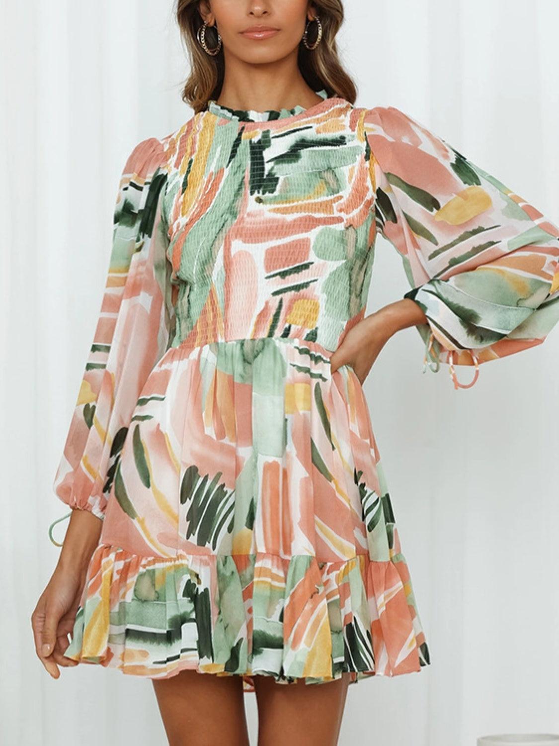 Printed Mock Neck Balloon Sleeve Mini Dress Carauana Store
