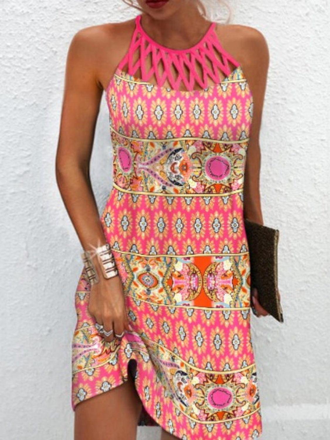 Printed Grecian Neck Mini Dress Carauana Store