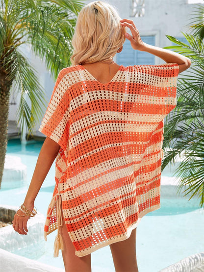 Tassel Openwork Striped V-Neck Cover Up Carauana Store