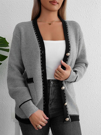 Contrast Trim Button Up Long Sleeve Cardigan Carauana Store