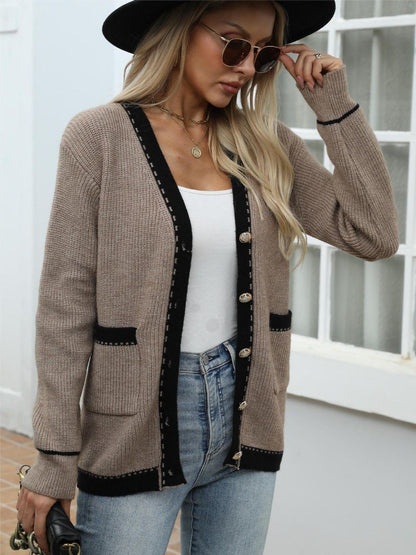 Contrast Trim Button Up Long Sleeve Cardigan Carauana Store