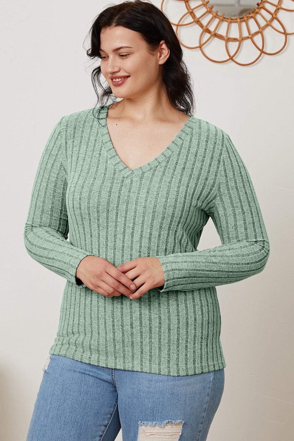 Basic Bae Full Size Ribbed V-Neck Long Sleeve T-Shirt Carauana Store