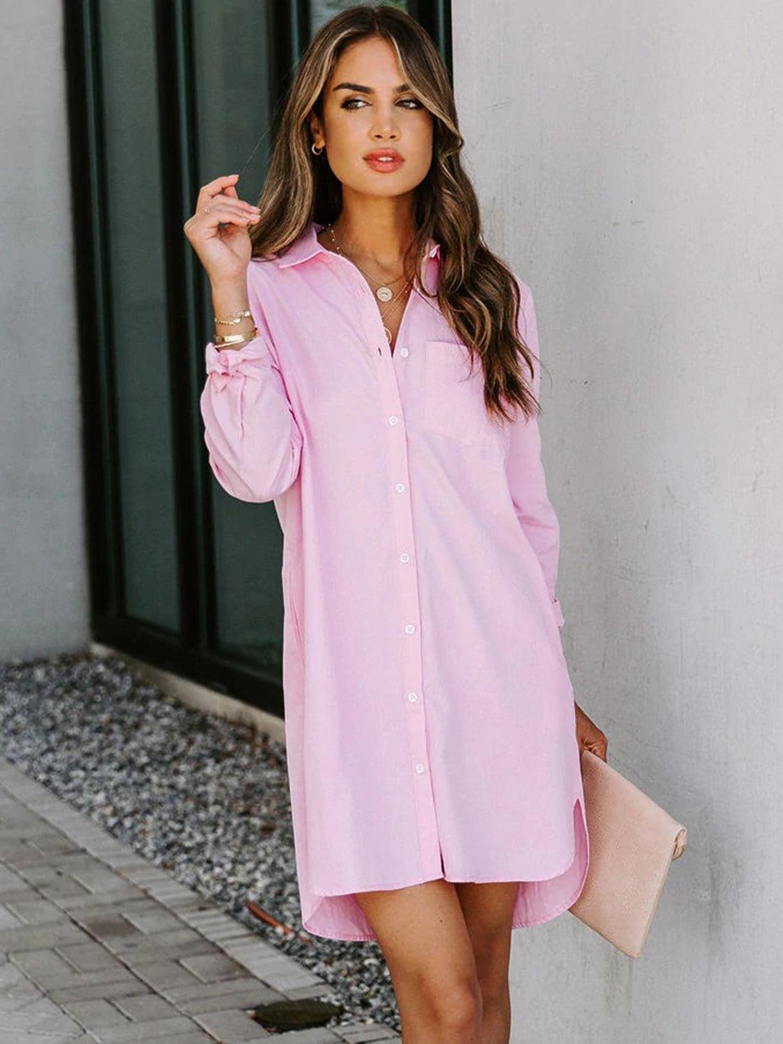 Button Up Collared Neck Long Sleeve Shirt Dress Carauana Store