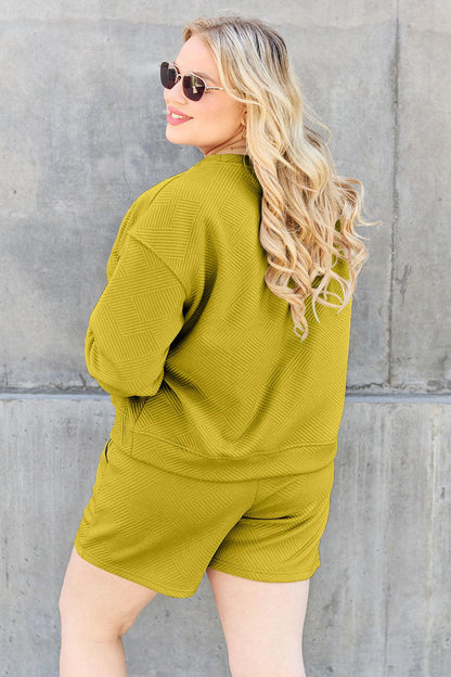 Double Take Full Size Texture Long Sleeve Top and Drawstring Shorts Set Carauana Store