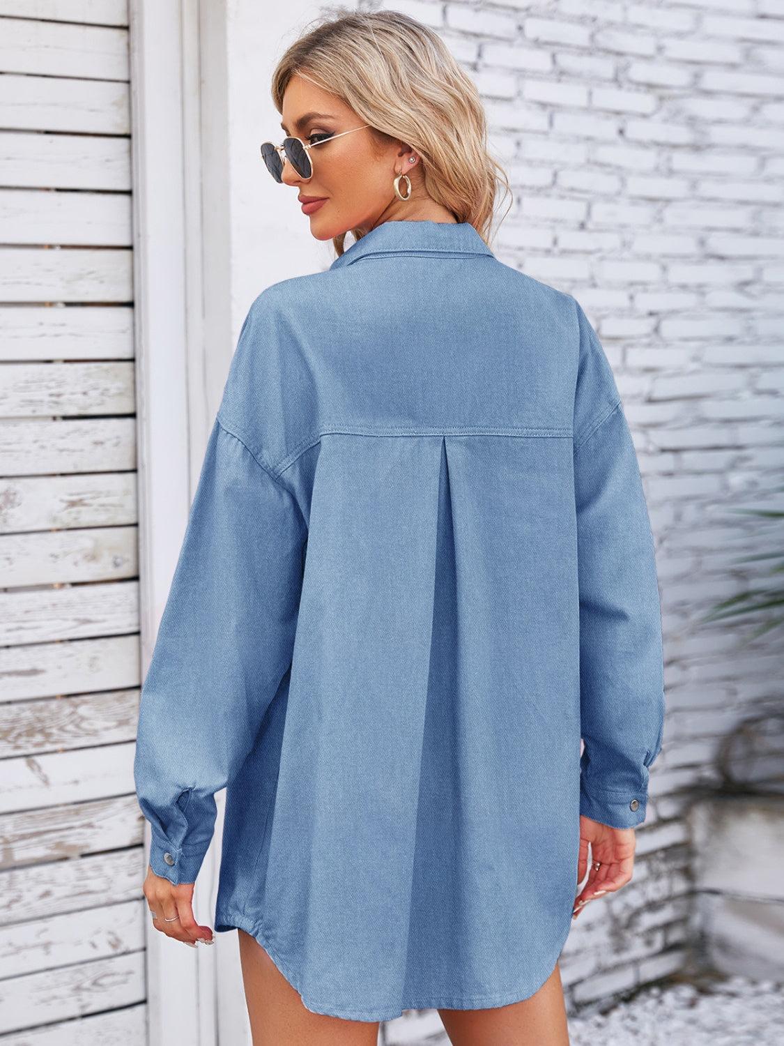 Pocketed Snap Down Dropped Shoulder Denim Shacket Carauana Store