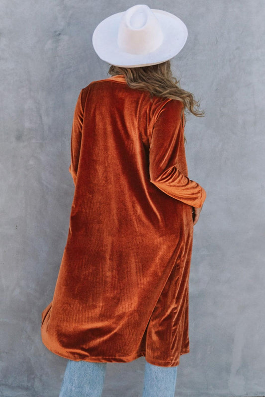 Collared Neck Longline Velvet Cardigan with Pockets Carauana Store