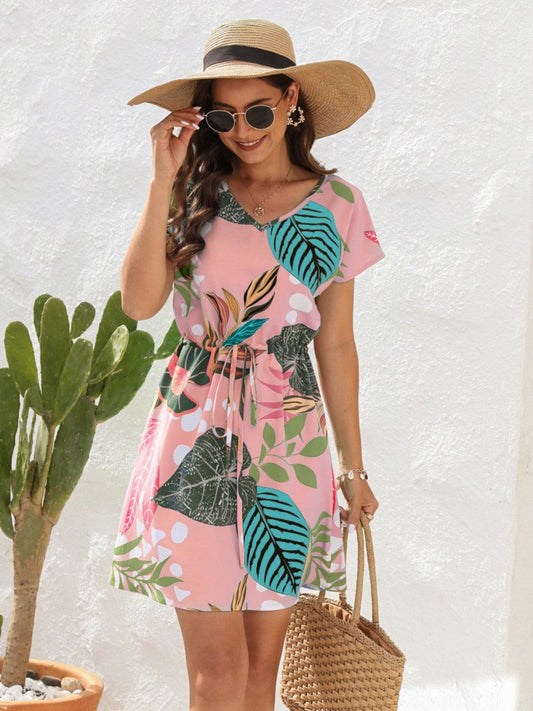 Drawstring Printed V-Neck Mini Dress Carauana Store