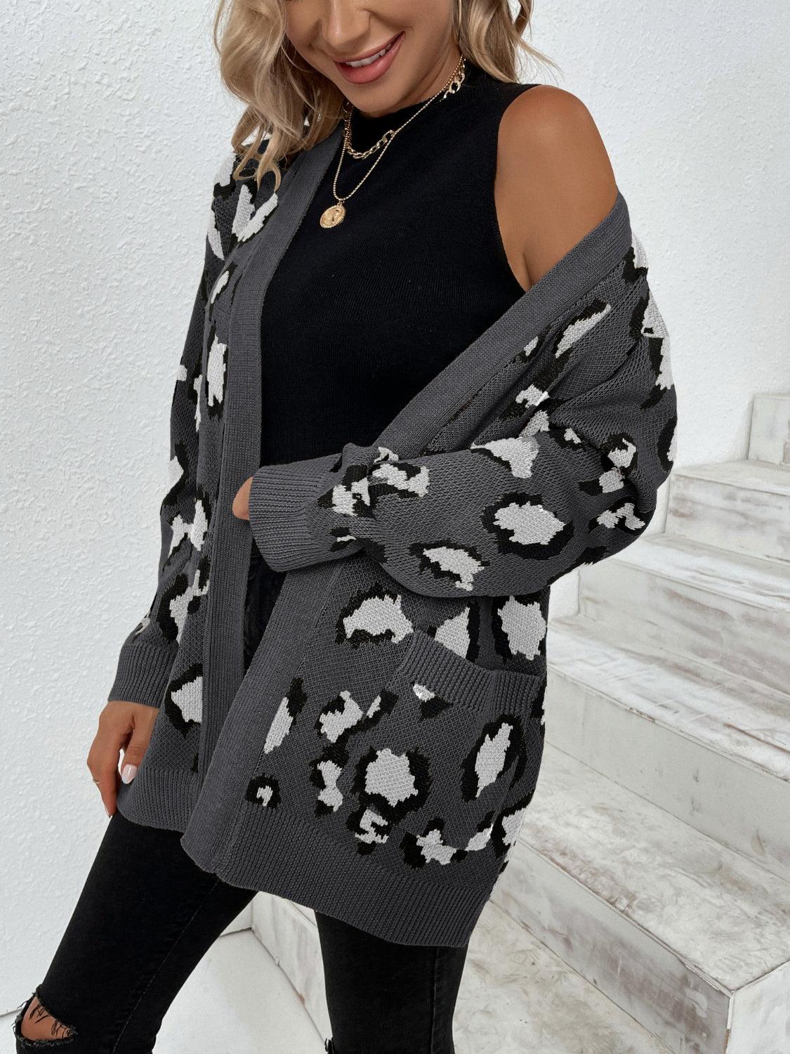 Leopard Open Front Dropped Shoulder Cardigan Carauana Store