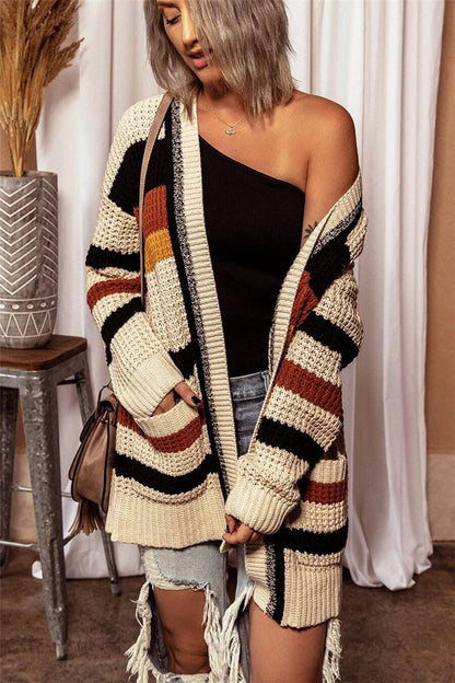 Striped Open Front Longline Cardigan Carauana Store