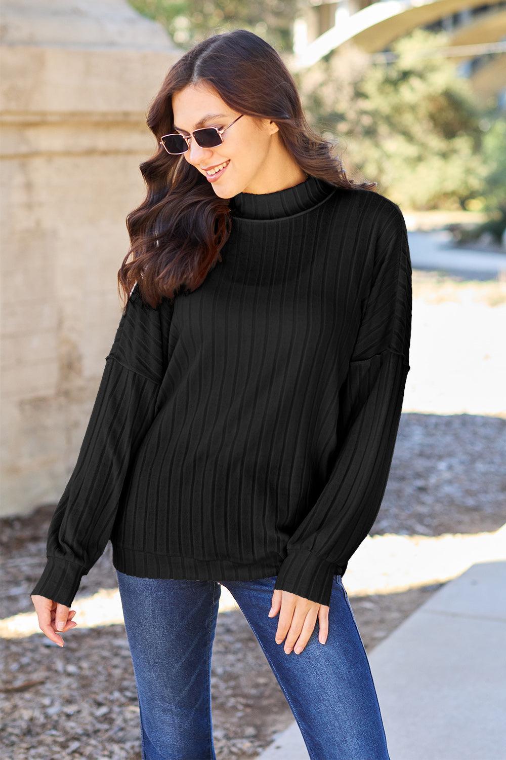 Basic Bae Full Size Ribbed Exposed Seam Mock Neck Knit Top Carauana Store