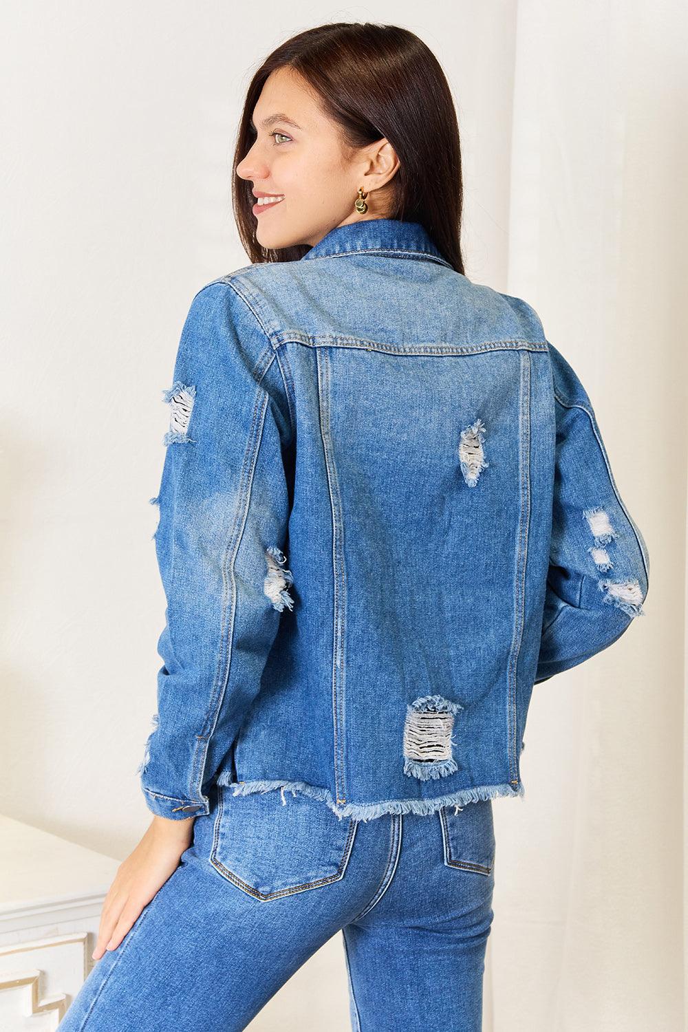 Baeful Leopard Floral Distressed Raw Hem Denim Jacket Carauana Store