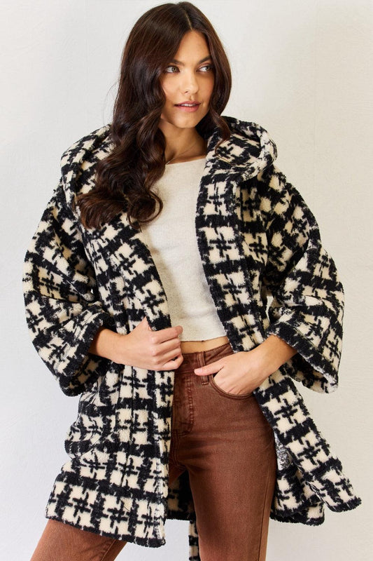 J.NNA Fuzzy Plaid Waist Tie Hooded Robe Cardigan Carauana Store