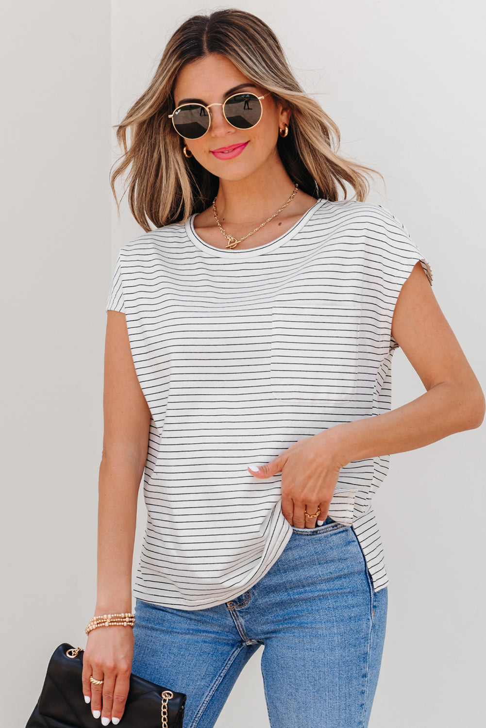 White Stripe Cap Sleeve Crew Neck Casual Tee with Chest Pocket
