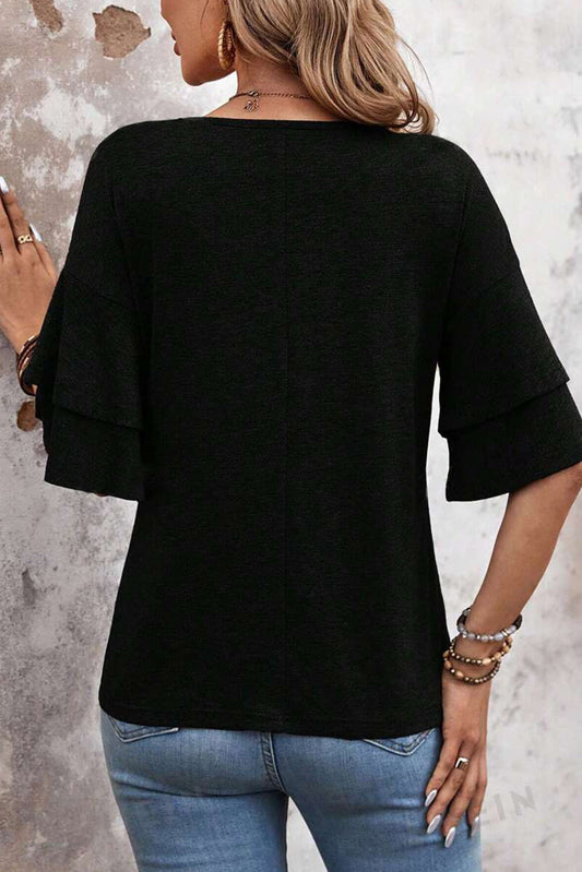 Black Solid Colour V-Neck Double Layer Sleeve Loose T-Shirt