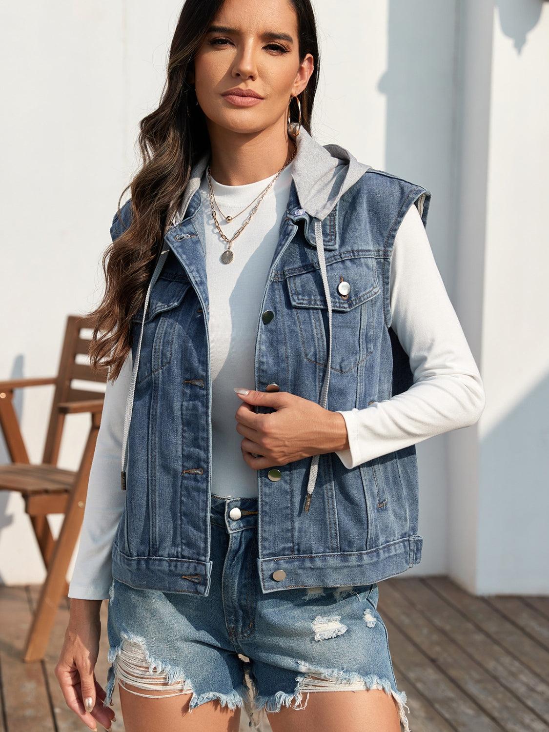 Pocketed Button Up Hooded Denim Jacket Carauana Store