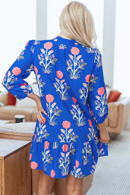 Blue Floral Print Button Detail 3/4 Puff Sleeve Ruffle Hem Dress