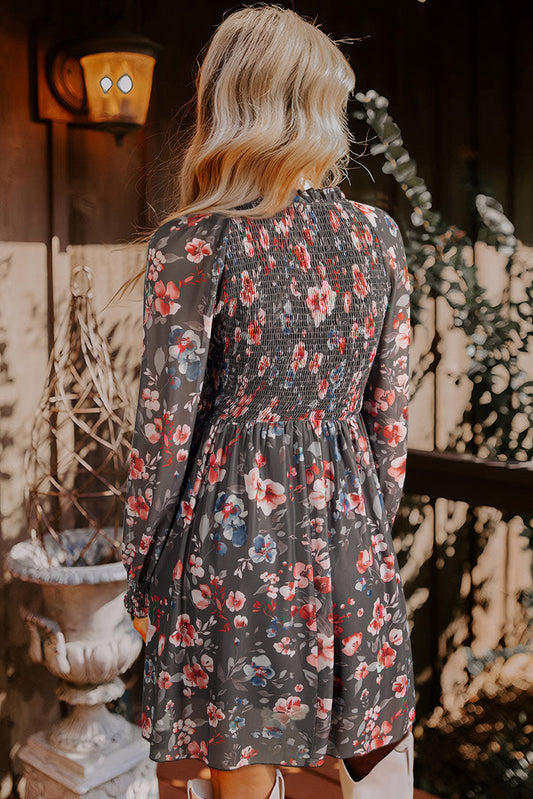 Brown Frilly Smocked Bodice Floral Mesh Long Sleeve Mini Dress