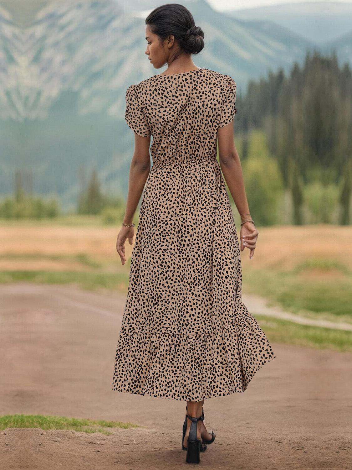 Slit Printed V-Neck Short Sleeve Dress Carauana Store