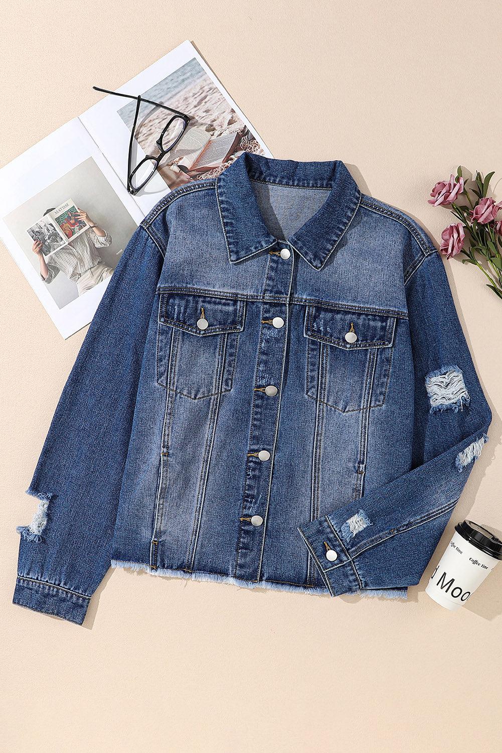 Plus Size Distressed Button Up Raw Hem Denim Jacket Carauana Store