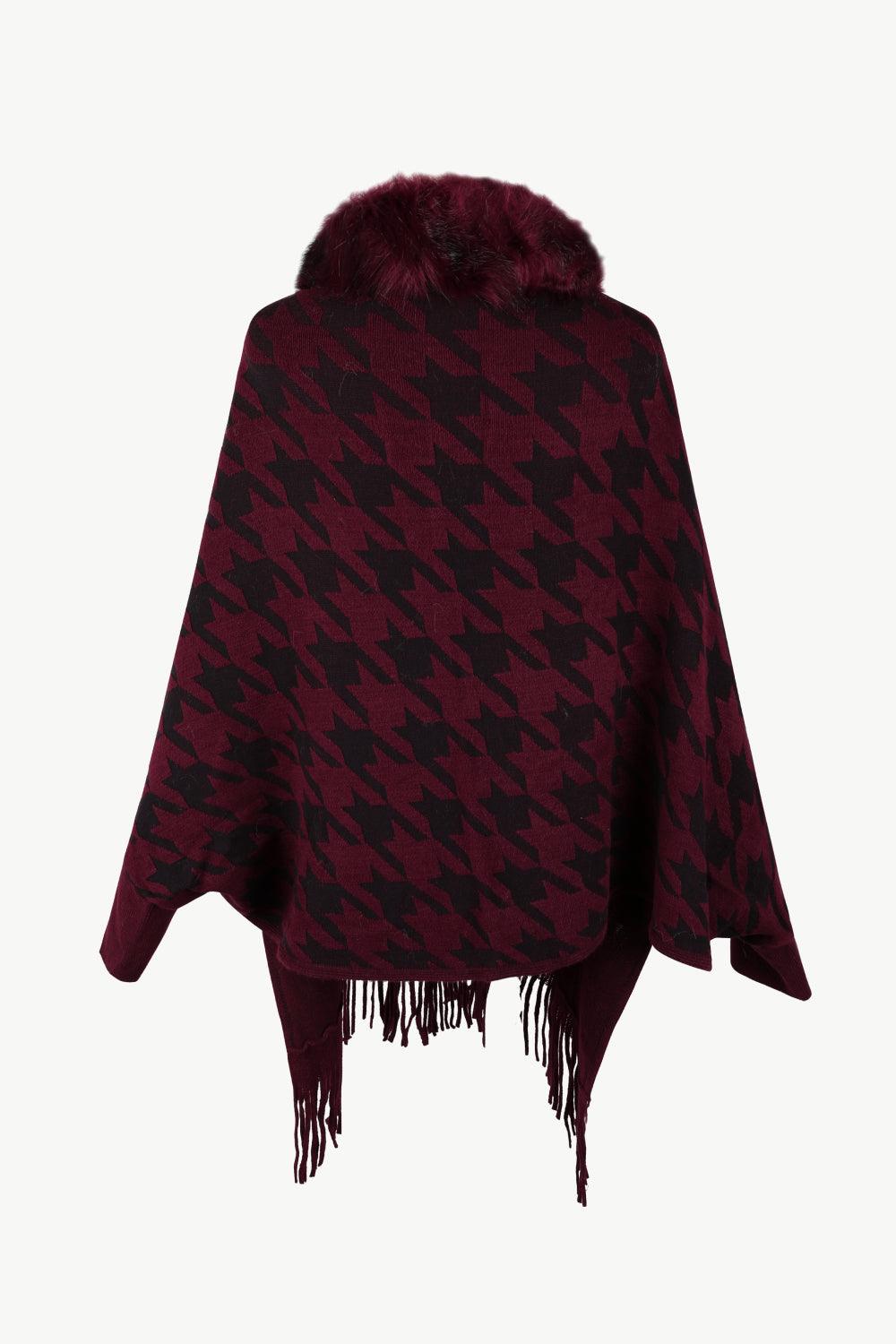 Houndstooth Fringe Hem Poncho Carauana Store